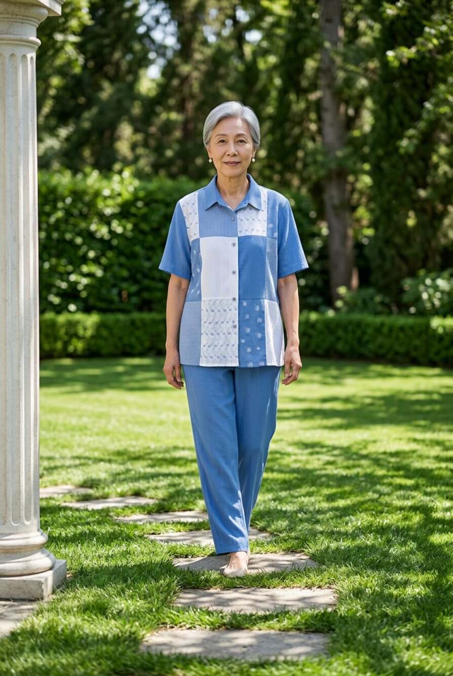 Allison Daley Women's Blue Patchwork Short Sleeve Button-Down Shirt and Matching